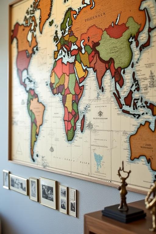 Eine Detailaufnahme der kunstvoll gestalteten Wand, die mit vielen verschiedenen kleinen, historischen und modernen Karten aus aller Welt dekoriert ist.